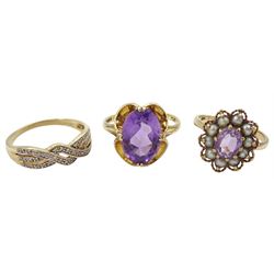 Gold diamond chip cross over ring, gold amethyst and pearl cluster ring and a gold single stone amethyst ring, all hallmarked or stamped 9ct 