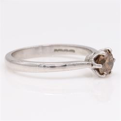 18ct white gold fancy brown diamond ring, six claw set with a round brilliant cut diamond of approx 0.80 carat, hallmarked