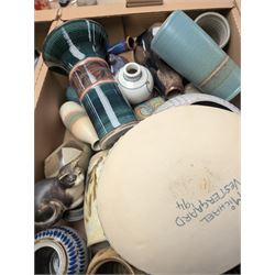 Collection of studio pottery, including bowls, vases, goblets and bottles, in four boxes 
