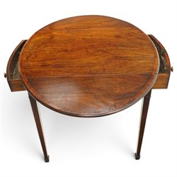 Small early 19th century George III mahogany Pembroke table of small proportions, the oval drop-leaf top with mahogany banding, fitted with twin opposing bow-fronted frieze drawers with brass pull handles, on square-tapering supports with spade feet