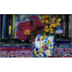 James Bartholomew RSMA (British 1970-): Flowers in a Vase, oil on board signed 24cm x 39cm