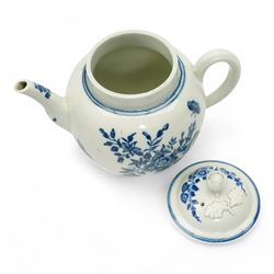 First Period Worcester porcelain teapot decorated in the Three Flowers pattern, with flower knop handle, H15cm and Worcester fluted dish decorated in the same pattern, both with cresent marks beneath (2)