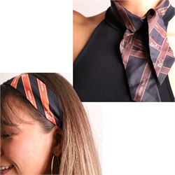 Hermès - two ‘Bolduc’ silk Twilly scarves, in orange/black and navy/brown colourways, toge...