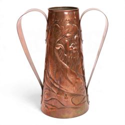 Pair of Newlyn Arts and Crafts copper twin handled vases, ff tapered form, repousse decorated with fish amongst seaweed, one with maker mark beneath, H25cm