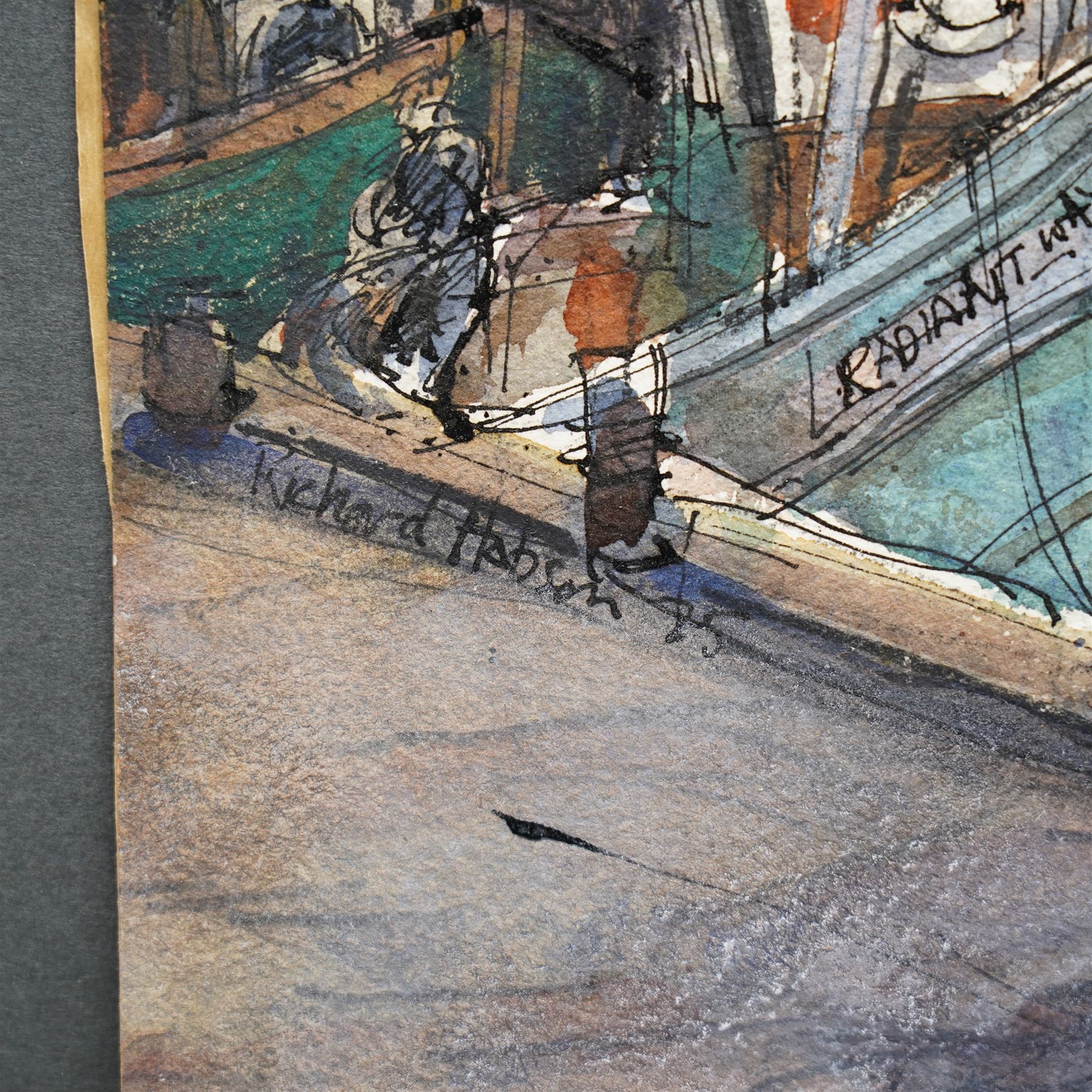 Richard Hobson (Newcastle 1945-2004): Trawlers at Berwick on Tweed, watercolour and ink signed and dated '85, 53cm x 76cm