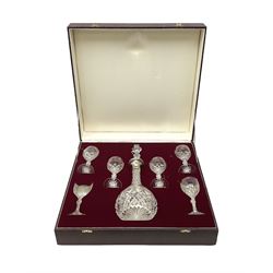 Etched glass decanter with silver collar, Birmingham 1898 and six suite of etched wine glasses, in presentation case