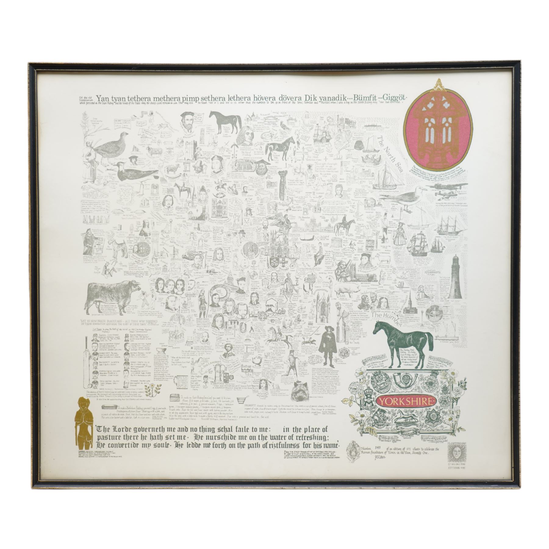 English School (20th century): 'Yorkshire', limited edition colour pictorial historical map of Yorkshire signed and numbered 343/571 in pen, second edition pub. J L Carr 1971, 50cm x 58cm