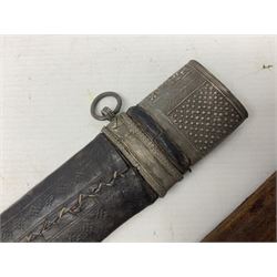 Omani presentation sword kattara, with 77cm  broad slightly curved single edge blade with two fullers, leather bound hilt woven with silver wire decoration and iron pommel;  in tooled leather scabbard with chased silver mounts and presentation plaque 'To Capt. D.M. Naylor From C Company NFR Oman Dec 1962' (Northern Frontier Regiment) L99cm overall