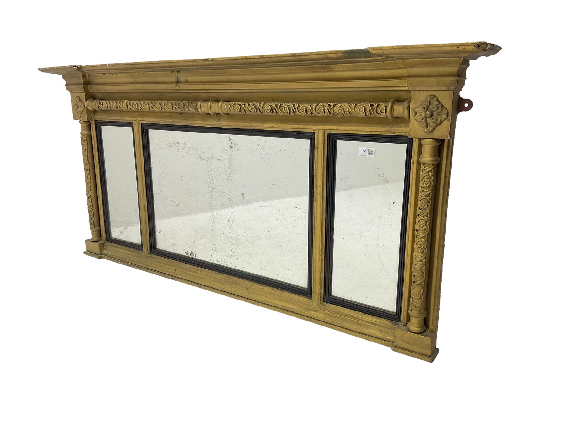 19th century gilt framed overmantel mirror with inverted breakfront cornice over three mirror panels framed by ornate columns