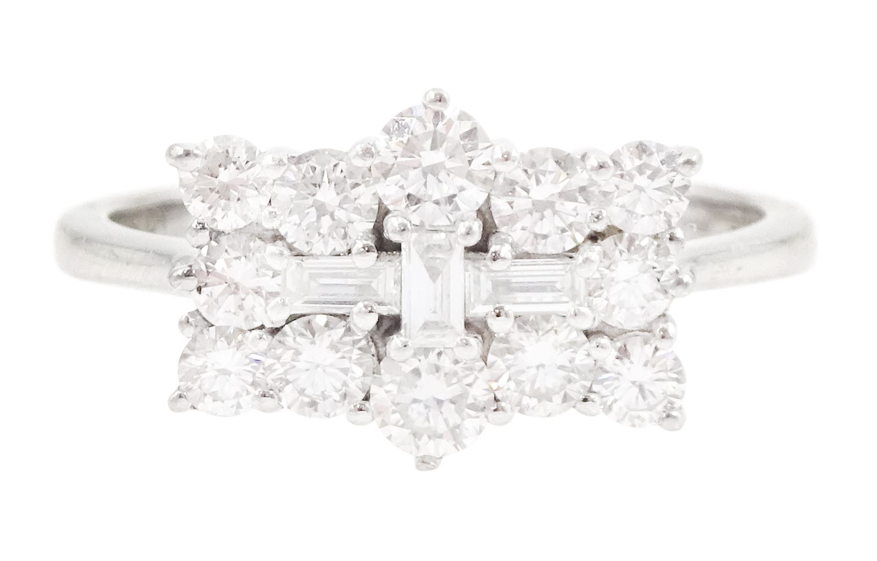 Platinum round brilliant cut and baguette cut diamond cluster ring, hallmarked, total diamond weight approx 1.00 carat