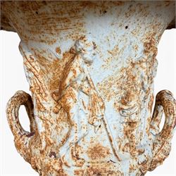 Andrew Handyside - pair of 19th century best quality cast iron garden urns, individually detailed in relief Allegorical Figures and Helaldic Swans, campagna form with twin handles, detail under rim, raised on circular fluted base
