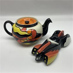 Lorna Bailey Mirage pattern teapot, together with Lorna Bailey batmobile egg cup, both signed beneath, teapot H10cm