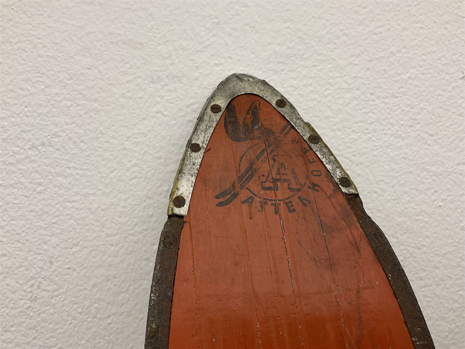 Pair of 1930s wooden skis, with painted metal runners beneath stamped Attenhofer, with retailers label for Ernst Gertsch Central Sports, L206cm