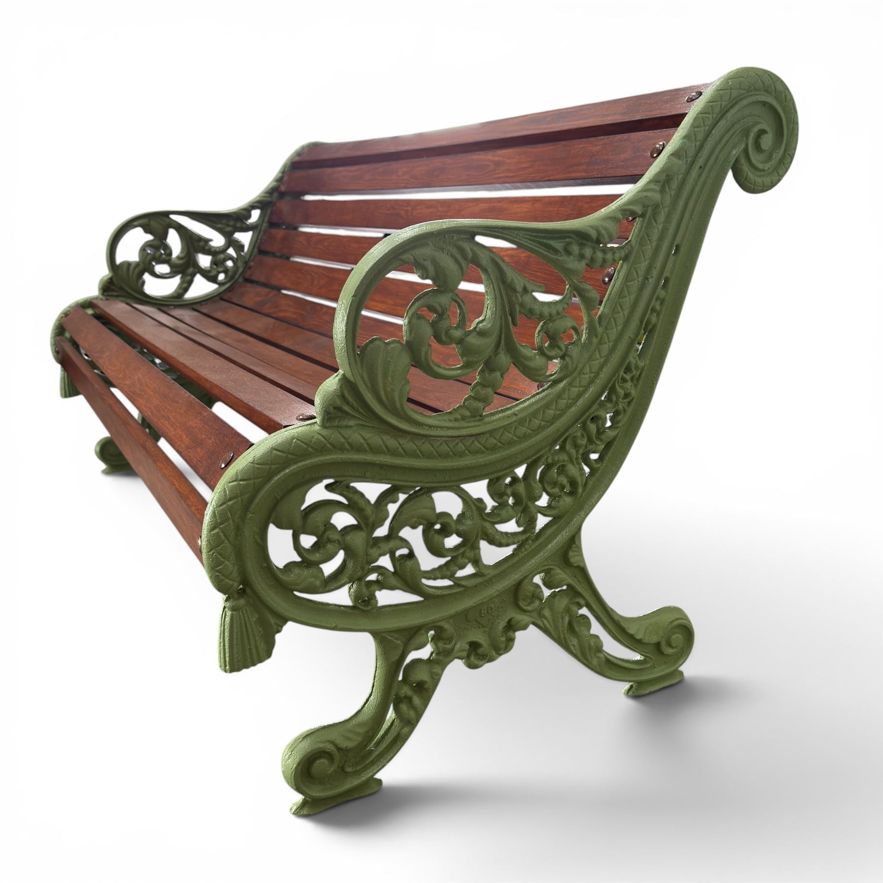 Pair of Victorian design cast iron and slatted wooden garden benches, the ornate pierced end supports of scrolled form, the pierced acanthus leaves interspersed with trailing flowerheads, with tassels to the front, raised on splayed feet, the supports in pale sage green painted finish