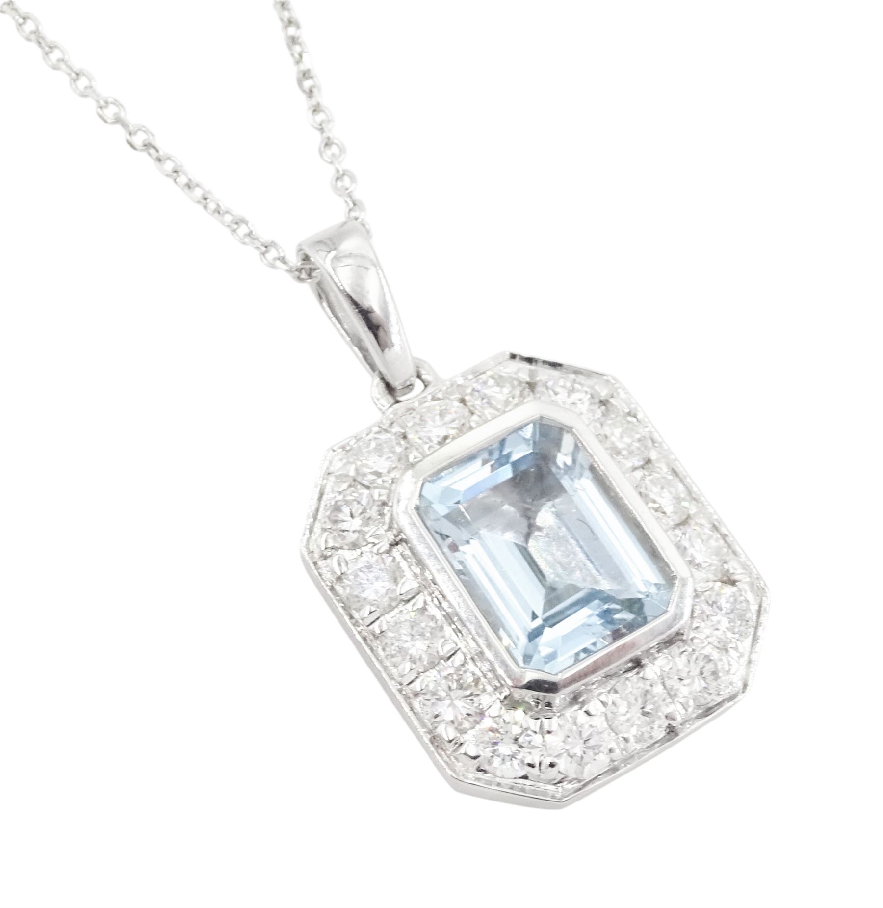 18ct white gold emerald cut aquamarine and round brilliant cut diamond pendant necklace, stamped, aquamarine approx 2.00 carat, total diamond weight approx 0.90 carat