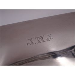 1920s silver mounted presentation cigarette box, of rectangular form, with engraved initials J.W.J and dated 1902-1927 to slightly domed hinged cover, opening to reveal compartmentalised softwood interior, upon four bracket feet, hallmarked Birmingham 1920, maker's mark worn and indistinct, H9cm, W23cm, reputedly given to John William Johnson, father of Amy Johnson,  famous for being the first long distance (to Australia) solo female pilot, and first female British grounds engineer, for his silver wedding anniversary