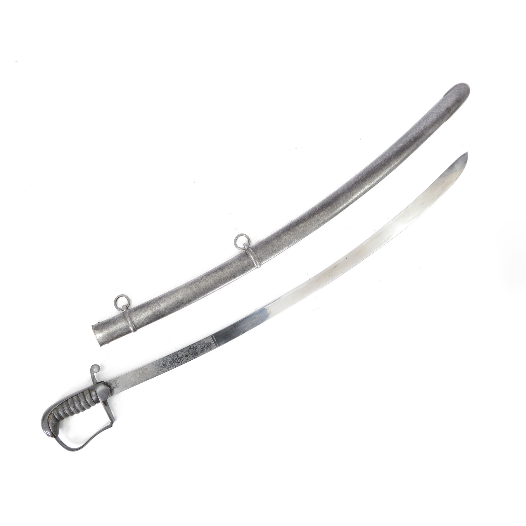 British Georgian 1796 pattern light calvary officers' scabre, the 76cm curved single edge blade etched to both sides, the stirrup steel hilt with shield langets, dove head pommel and backstrap, within steel scabbard with twin suspension rings, overall L92cm   