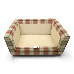 Meridian - snuggle armchair or loveseat, of traditional squared shape, upholstered in tartan fabric with loose cushions, on rectangular feet