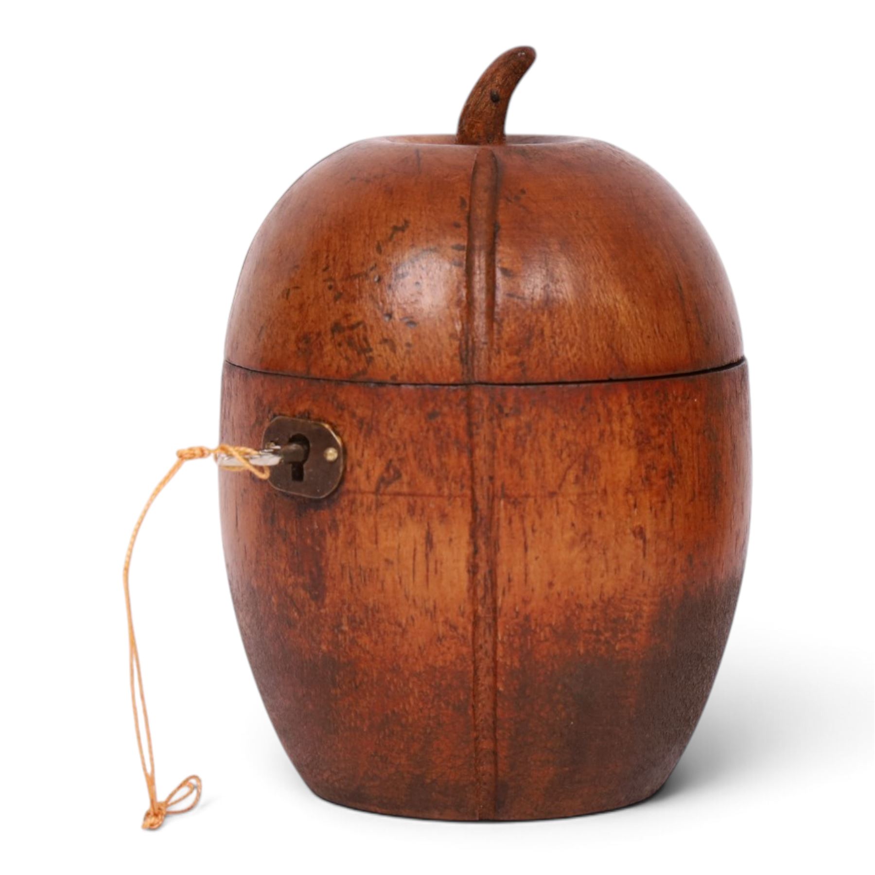Wooden tea caddy in the form of a melon, in the Georgian style, with key, H15cm