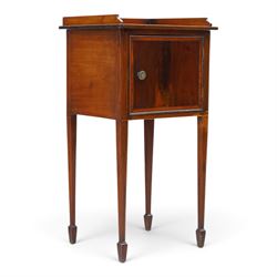 Edwardian mahogany pot cupboard, with three quarter galleried top, single cupboard door, raised on square tapering supports terminating in spade feet