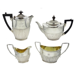 Victorian matched four piece silver tea service half gadrooned body, teapot by Elkington & Co, milk and sugar by Thomas Walker, all Birmingham 1885, hot water jug by James Dixon & Sons Ltd, Sheffield 1895, approx 54oz
