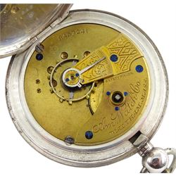 19th century silver open face key wound pocket watch by Waltham Mass, No. 845724, retailed by J.G. Graves, white enamel dial with Roman numerals and subsidiary seconds dial, engine turned case with engraved initials in cartouche, Birmingham 1899