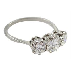 Platinum three stone round brilliant cut diamond ring, stamped Plat, total diamond weight approx 1.50 carat