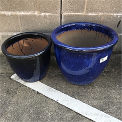 Pair blue glazed graduating terracotta planters, D56cm (max)