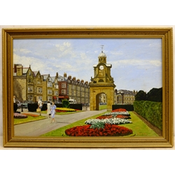Tom S Hoy (British 20th century): 'Shuttleworth Clock' Holbeck Scarborough, acrylic on board signed, titled verso 30cm x 45cm