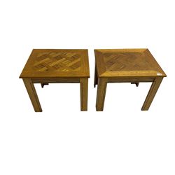 Two parquet style oak occasional tables