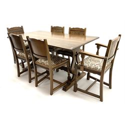 Old Charm - medium oak dining table, rectangular top on lyre shaped supports (153cm x 82cm, H75cm), and six (4+2) matching dining chairs with linen fold panelled backs