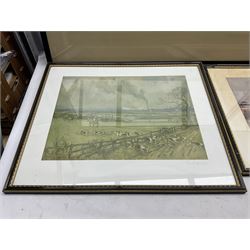Lionel Edwards (British 1878-1966): pair of hunting prints signed in pencil; After Robert Hugh Buxton (1871-c1965): 'A Check in the Valley' and 'Over Hill and Dale', pair chromolithographs; Samuel Buck (British 1696-1779): 'The South View of Harlsey Castle near Northallerton Yorkshire', engraving; together with two further hunting prints and a Peter Scott print (8)
