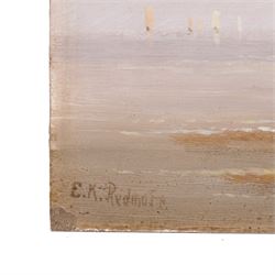 Edward King Redmore (British 1860-1941): Two Boat Scenes with Headlands, two oils on board, together with two further scenes of boats, max 17cm x 18.5cm (4) (one unframed)