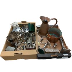 Collection of metal ware, including copper pan, silver plate, brush with silver handle, hallmarked etc 