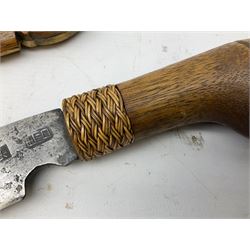 Malaysian parang survival knife the 29cm steel blade with character marks, cane bound teak grip carved with a stylised turtle head to the pommel, with matching teak scabbard L46cm overall