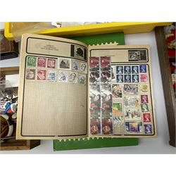 Collection of whimsy figures in a wooden display case, together with other assorted collectables, including stamps, pin badges etc