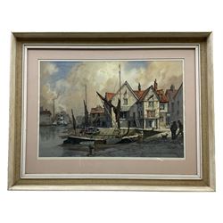 Leonard G Kersley (British 20th century): 'Old Time Wharves', watercolour signed and dated '81, 34cm x 50cm
