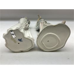 Lladro 'Walk With the Dog' figure no. 4893, together with Lladro swan figure, Porceval figure of a gentleman with a bird perched upon his hand and a further of a lady with flowers beside a basket, all with marks beneath, tallest H40cm