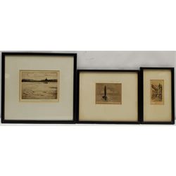 Alexander Cameron (British exh.1921-1929): Coastal Views and Cobblestone Alley, three etchings signed max 11cm x 15cm; Stuart Johnston (British 20th century): Gondoliers Down a Venetian Canal, etching signed and numbered 3, 28cm x 18cm; together with three further etchings by Arthur J Cherry, max 13cm x 9cm (7)