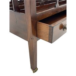 Georgian design mahogany Canterbury, four divisions with dished upper rails, the central rail pierced with handle, fitted with single drawer, on square supports with brass cups and castors 