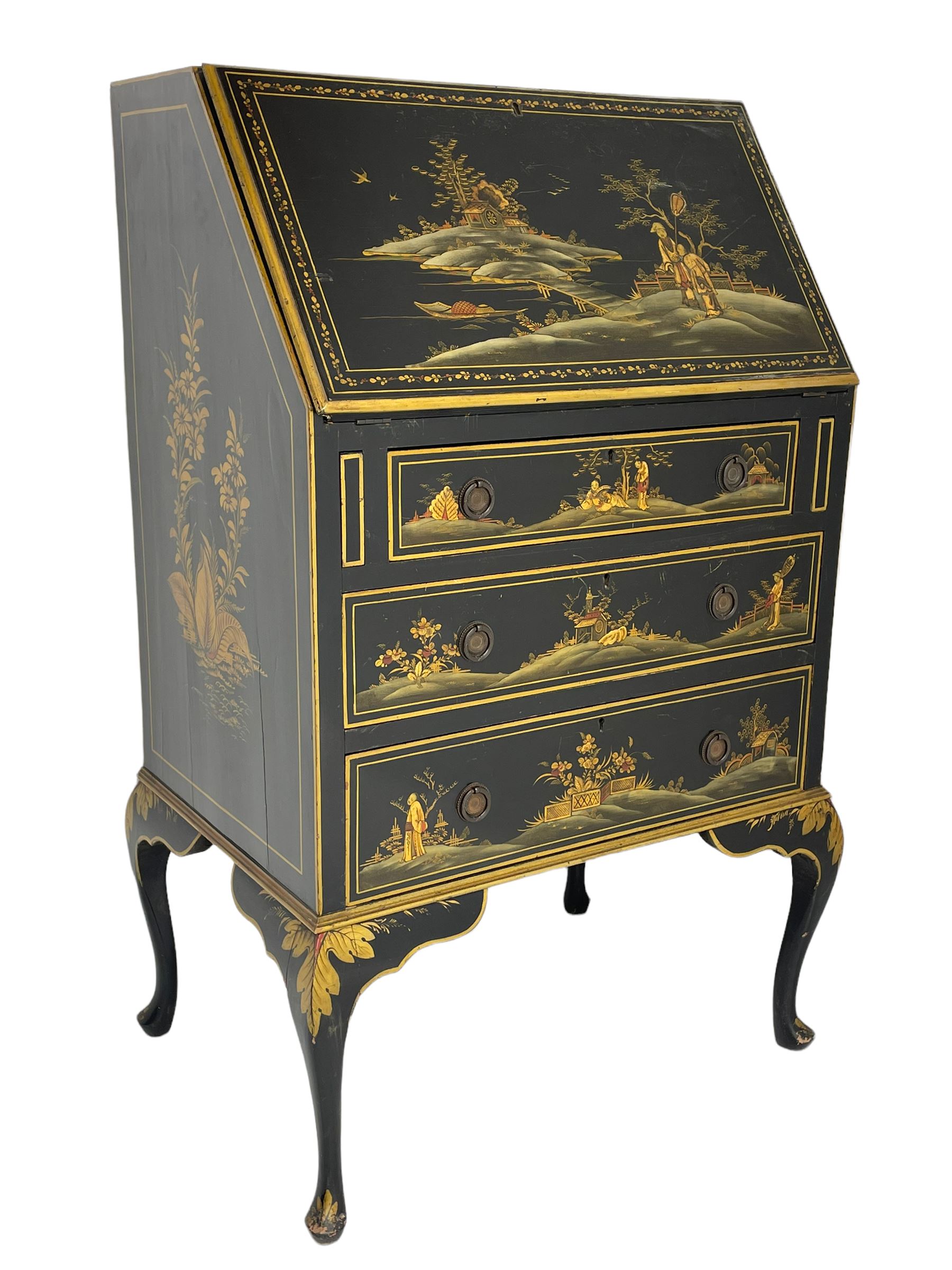 Early 20th century Chinoiserie lacquered bureau, raised gilt decoration, fall front enclosing divisions and drawer, three graduating long drawers, on cabriole supports