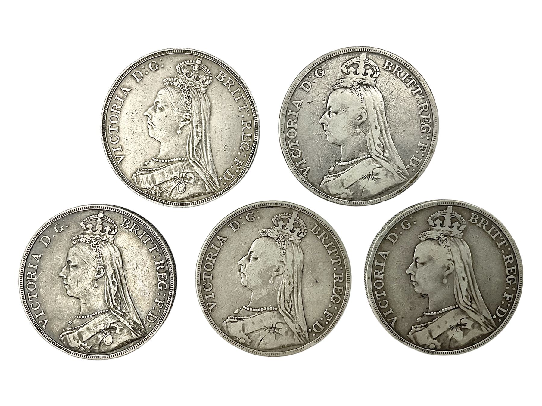 Five Queen Victoria silver crown coins, dated 1889, 1890, two 1891 and 1892