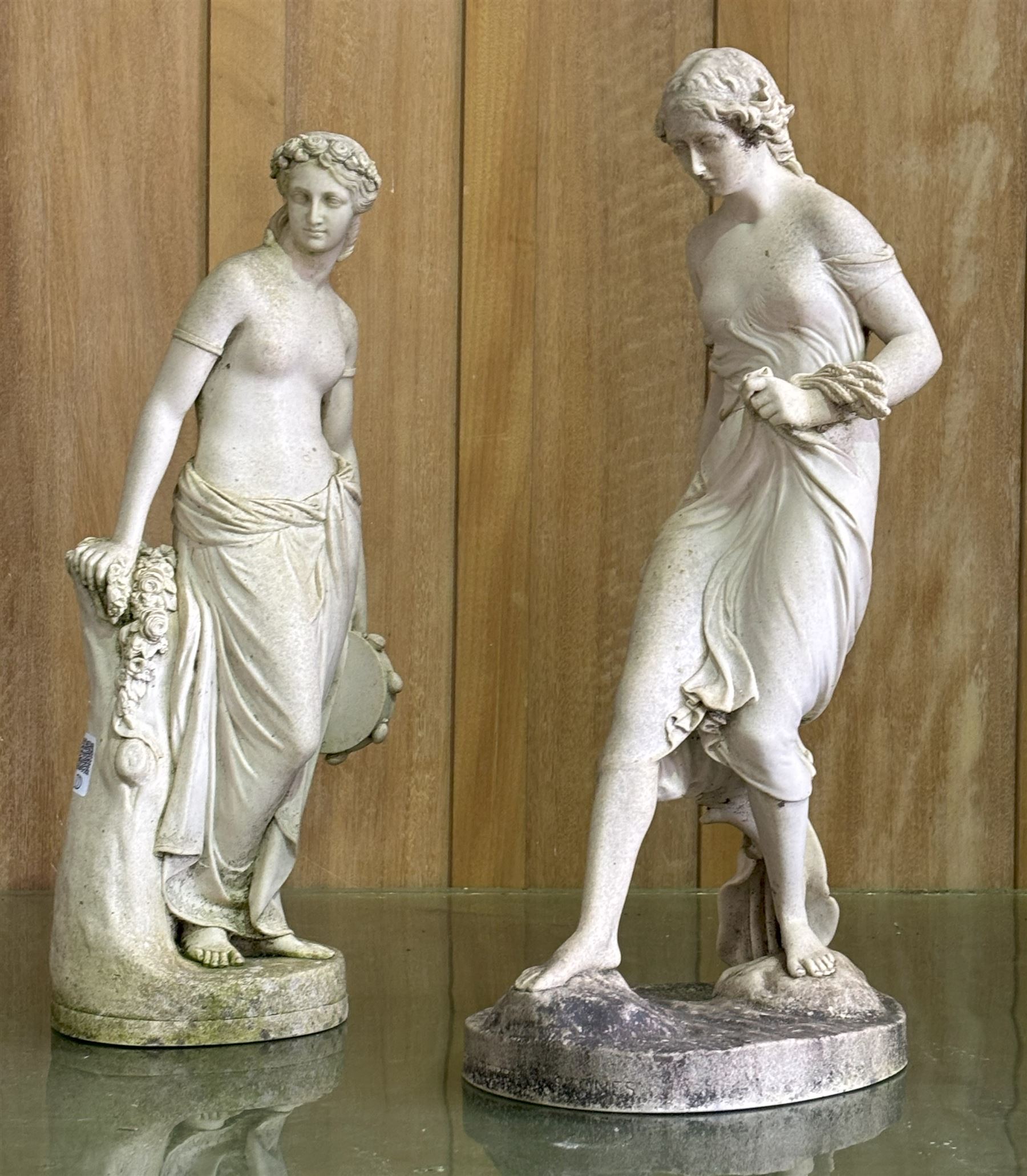 Pair of moulded composition figural statues, the bases inset with copper roundels reading 'Arts and Commerce Promoted' H50cm - COLLECTION BY APPOINTMENT FROM: The White House, Thirsk Road, Easingwold, York, YO61 3NF - CALL 01723 507111 TO ARRANGE
