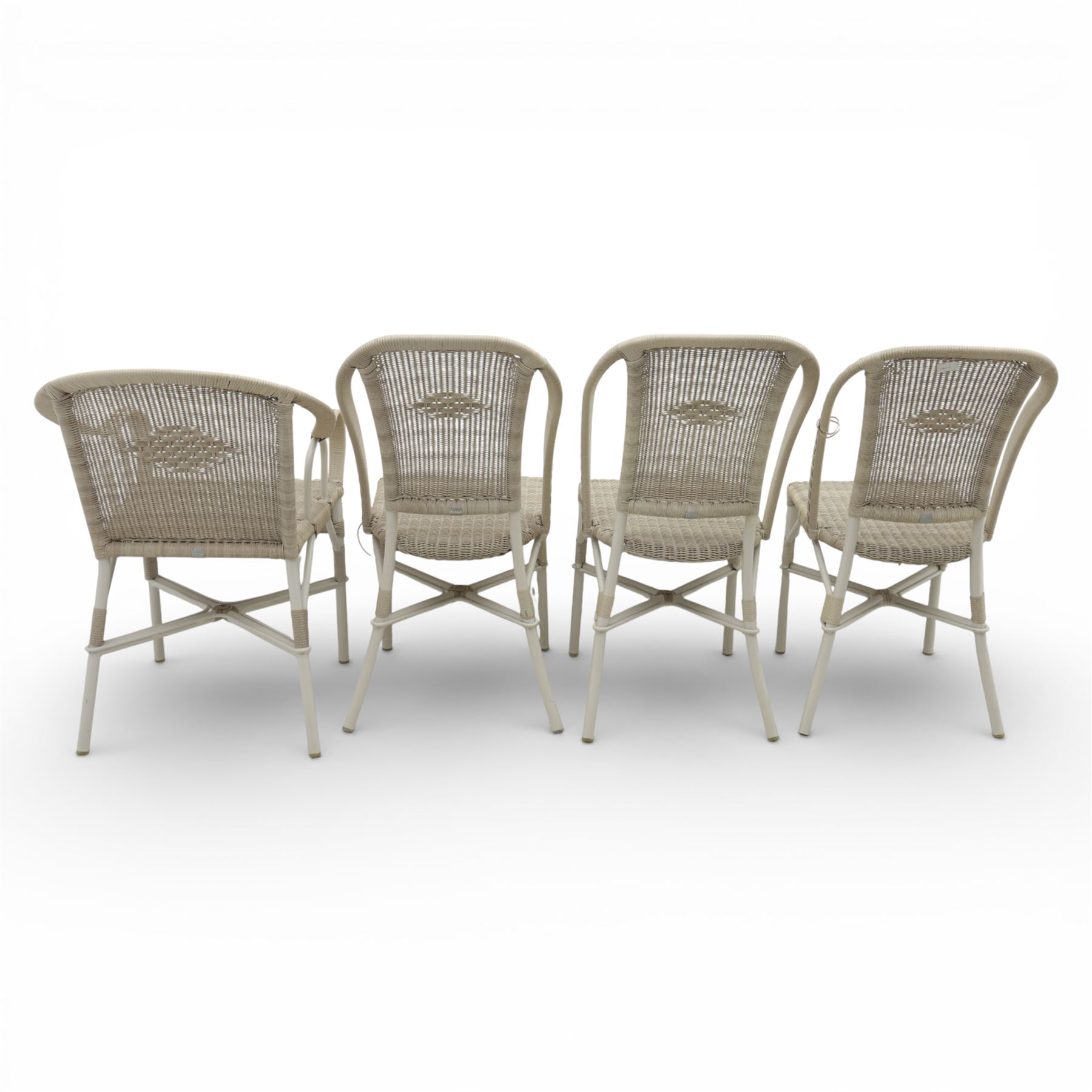Kok Maison - 20th century French wicker chairs, set of eight including two carvers, with arched woven backs and seats in close cane weave, the frames painted cream, the arms with wrapped wicker detail, raised on turned supports united by cross shaped stretchers