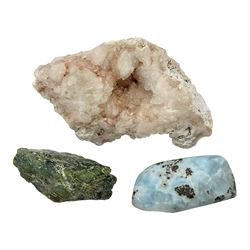 Pink amethyst geode, together with Larimar and another mineral sample 