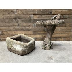 Small 19th century square stone trough and a cast stone bird bath