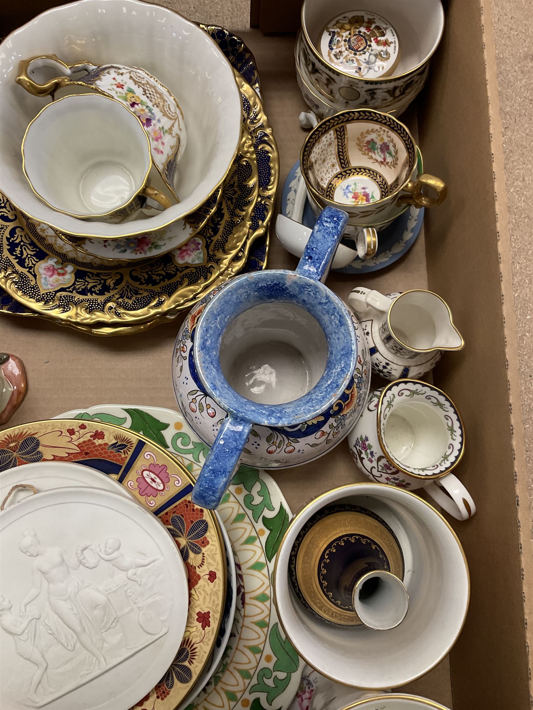 Assorted ceramics to include pair of Royal Copenhagen white bisque plaques decorated with classical scenes, D13.5cm, various tea wares to include Wedwood examples, Royal Worcester Lord Nelson anniversary collection plate, Rouen fiance twin handles, vase, etc., in one box