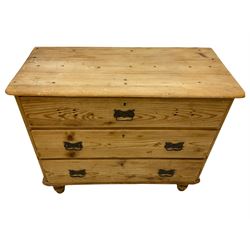 Victorian pine three drawer chest, on turned feet