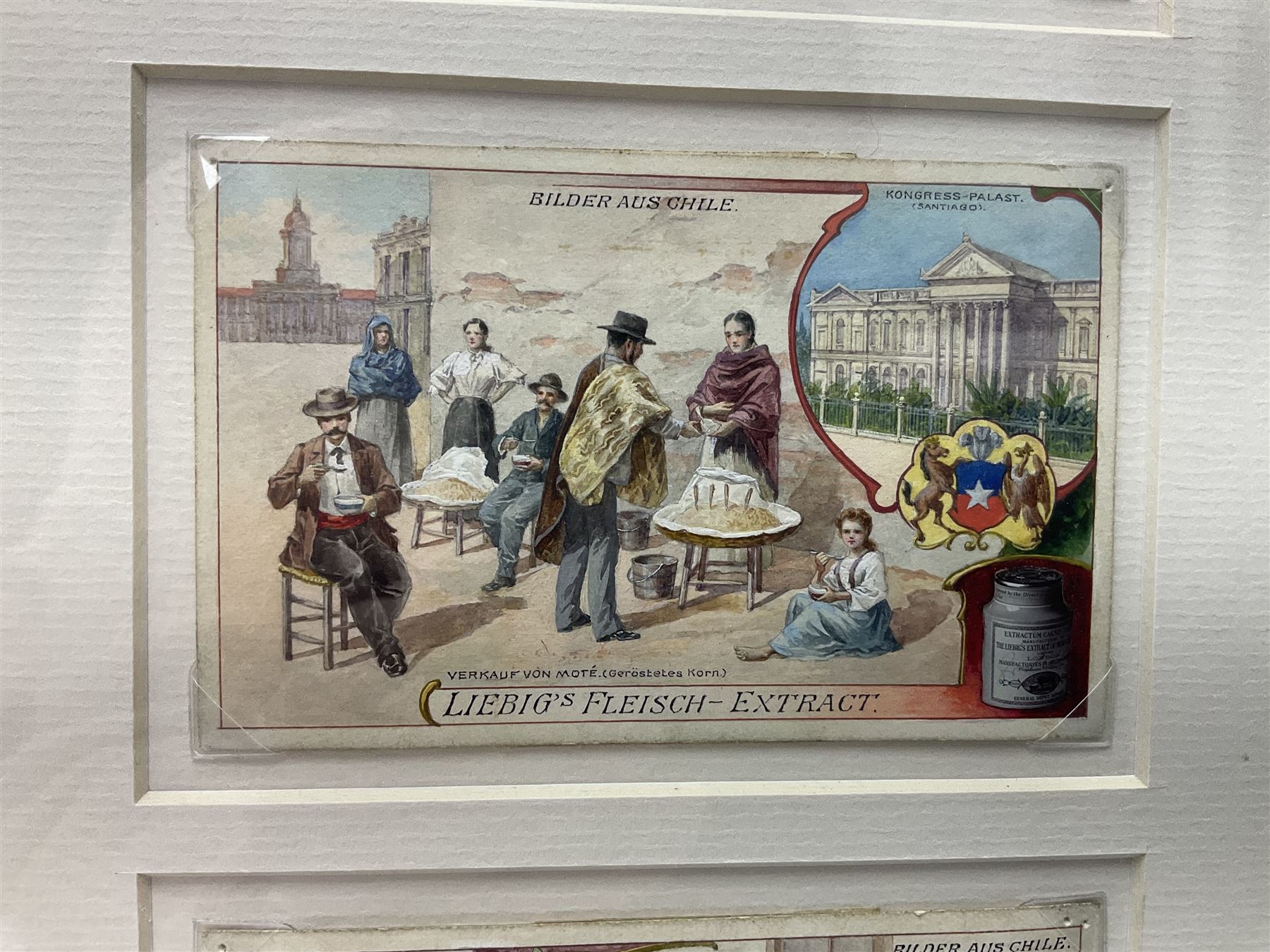 Six original illustrations for Liebig cards, mounted within a gilt frame, frame 71cm, W27cm