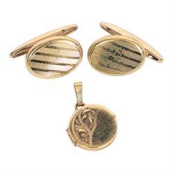9ct gold chain and small locket, together with gold plated jewellery including larger locket, cufflinks and chain